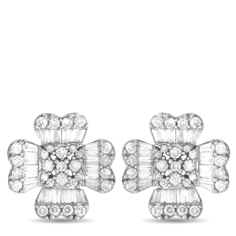 Heavy Duty Drop Earrings for Durability -White Gold 1.0ct Diamond Round and Baguette Flower Earrings ER28435-W