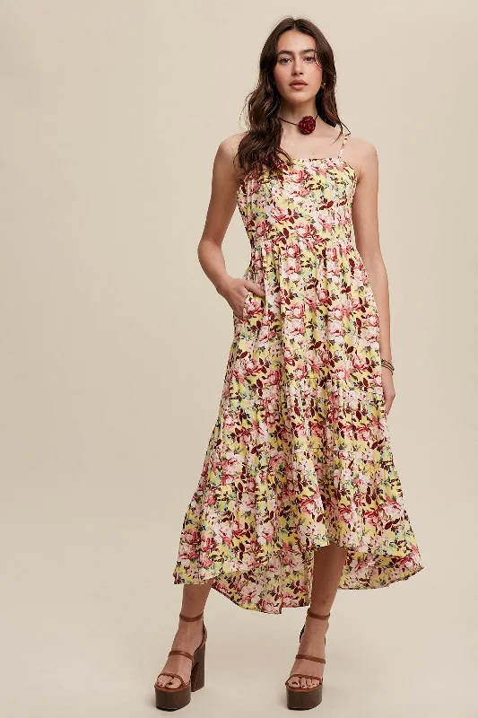 Vintage Dresses for Nostalgia -Yellow Floral Tiered Hi-Low Midi Dress