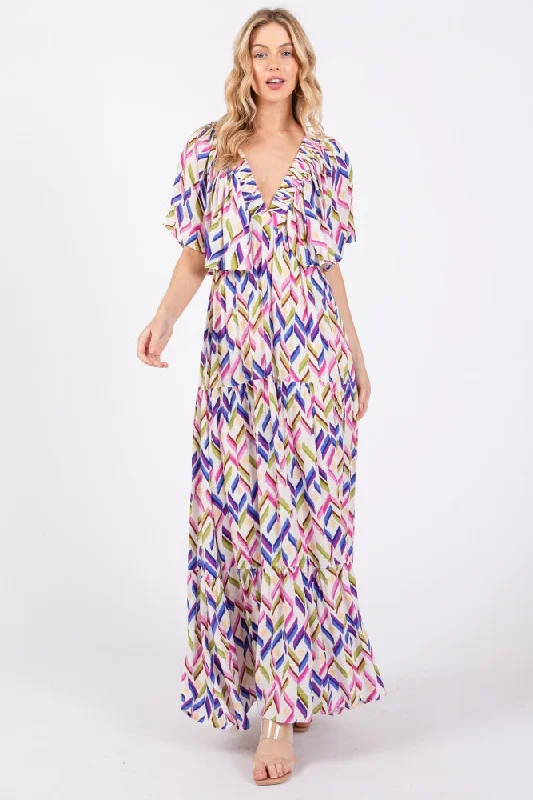 Fringed Dresses for Edgy -Multicolor Printed Deep V-Neck Tiered Maxi Dress