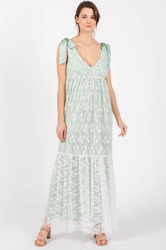 Cotton Dresses for Comfort -Light Olive V-Neck Satin Tie Lace Overlay Maxi Dress