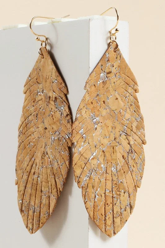 Drop Earrings for Office Wear -Natural Leaf Cork Dangling Earrings