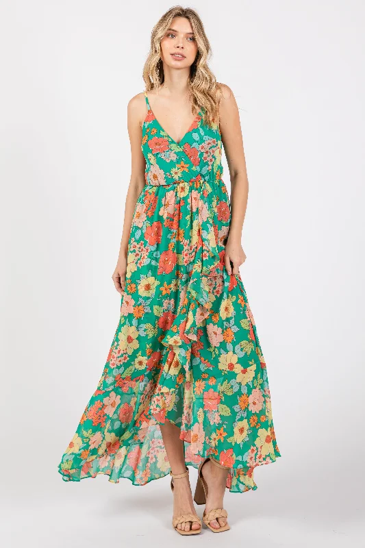 Shift Dresses for Simple Look -Green Floral Chiffon Ruffle Hi-Low Sleeveless Midi Dress