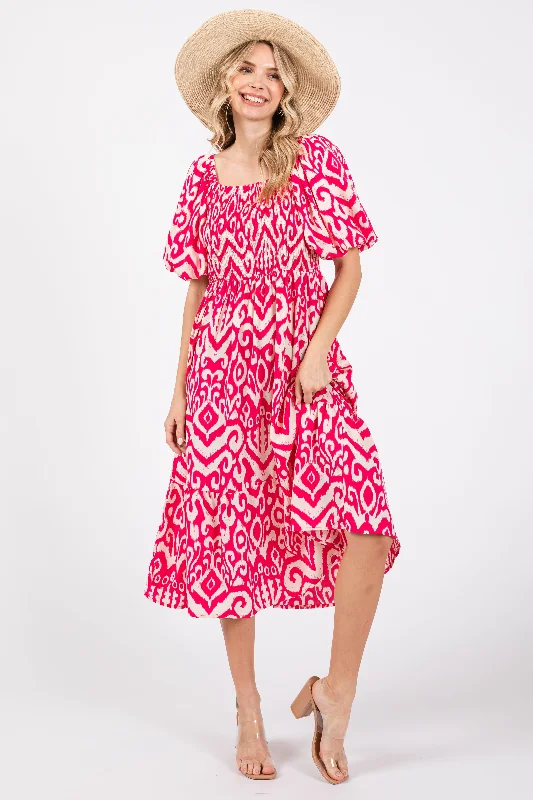 One-shoulder Dresses for Trendy -Fuchsia Square Neck Smocked Ruffle Midi Dress