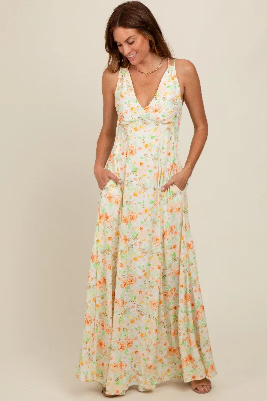 Formal Dresses for Occasions -Peach Floral Crisscross Back Maxi Dress