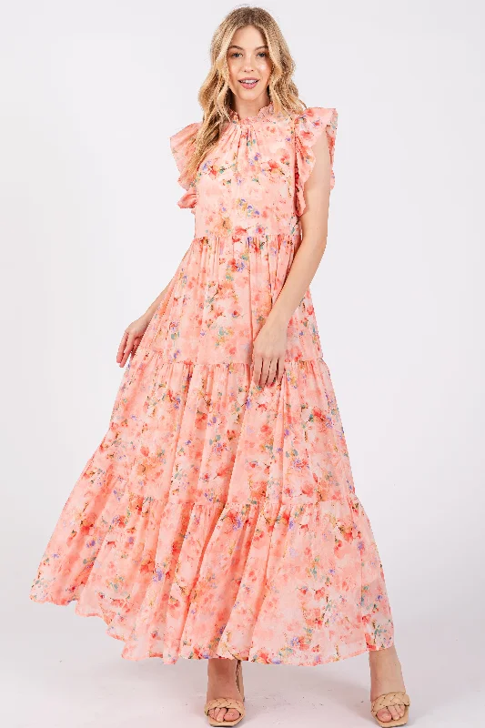 Strapless Dresses for Glamorous -Peach Floral Chiffon Ruffle Shoulder Tiered Maxi Dress