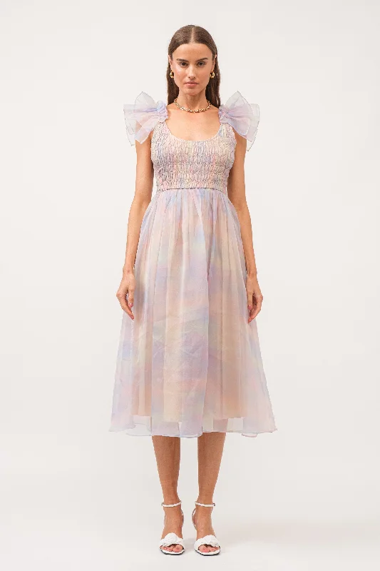 Linen Dresses for Breathable -Multicolor Pastel Smocked Flutter Midi Dress