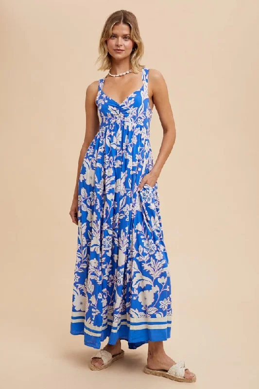 Mini Dresses for Youthful Look -Blue Floral Cutout Back Tie Maxi Dress