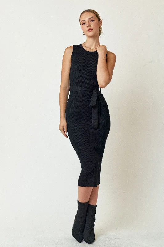 Black Dresses for Versatile -Black Rib Knit Sleeveless Midi Dress