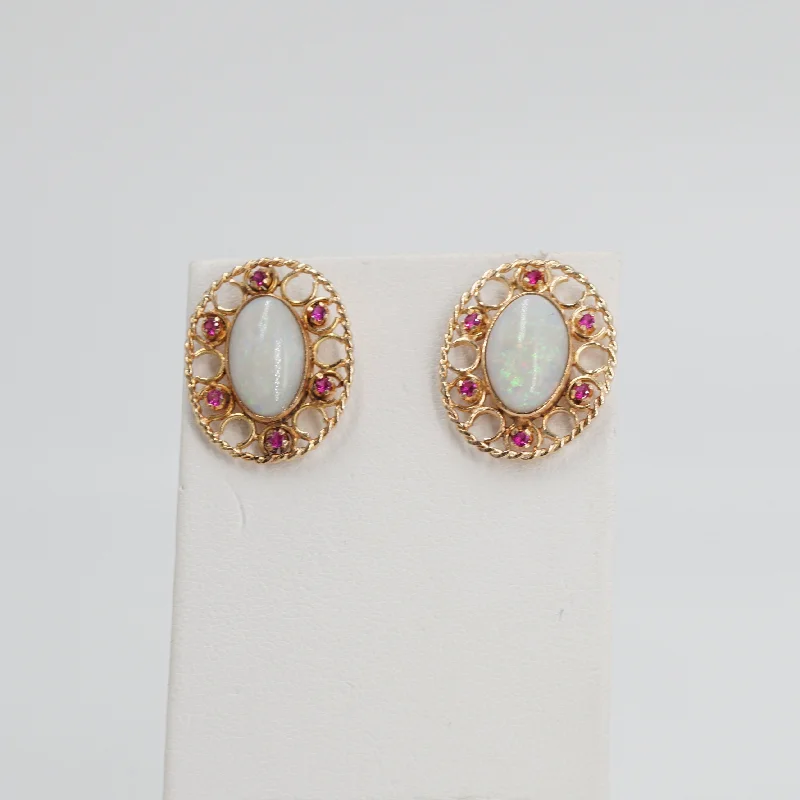 Indian Drop Earrings with Intricacy -14K Gold Open Work Opal Earrings with Ruby Accents and Screw On Backs