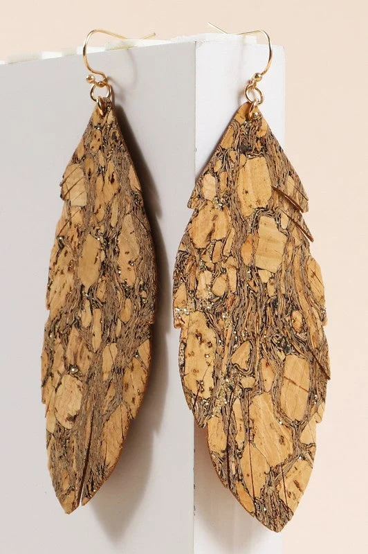 Drop Earrings for Anniversary -Granite Leaf Cork Dangling Earrings