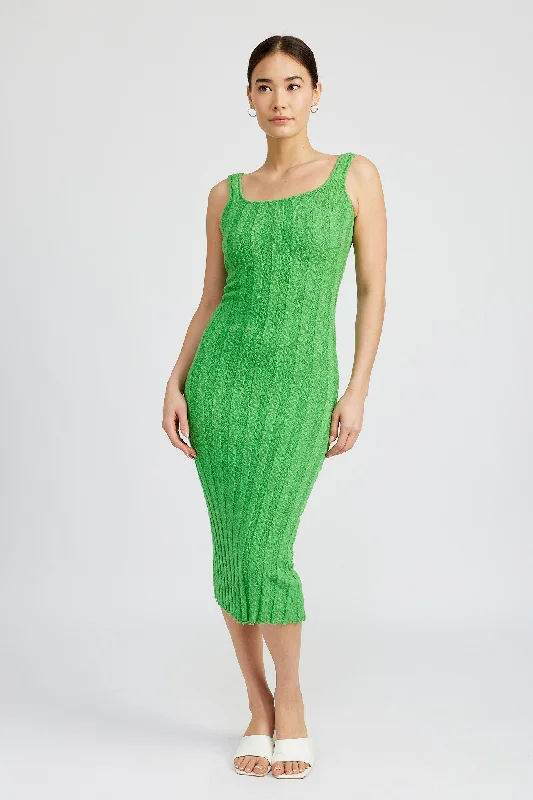 Office Dresses for Business -Green Wide Rib Knit Midi Dress