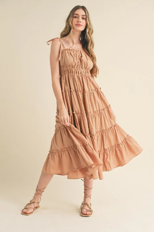 Buttoned Dresses for Stylish -Camel Tiered Tie Strap Midi Dress