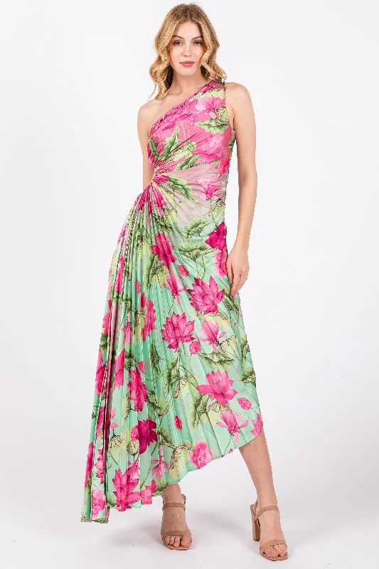 African Dresses with Culture -Pink Floral Pleated One Shoulder Cutout Dress