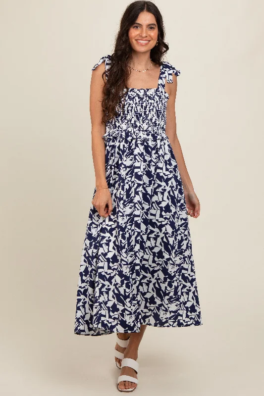 Fashionable Dresses for Style -Navy Printed Smocked Shoulder Tie Midi Dress