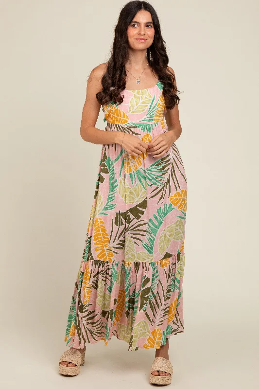 Studded Dresses for Statement -Pink Tropical Print Maxi Dress