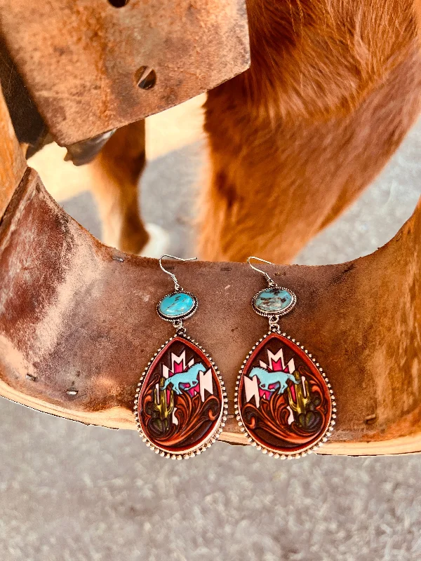 Drop Earrings with Enamel Coating -Leather Stamped Aztec Horse Earrings- 2 color choices