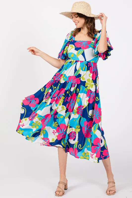 A-line Dresses for Flattering -Royal Floral Tiered Puff Sleeve Midi Dress