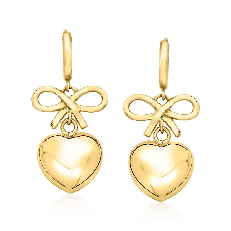 Drop Earrings for Engagement Party -Ross-Simons Italian 18kt Gold Over Sterling Bow and Heart Huggie Hoop Drop Earrings