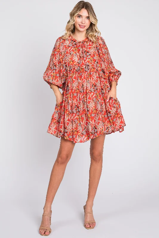 Minimalist Dresses for Simplicity -Orange Floral 3/4 Sleeve Dress