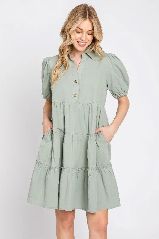 Sheath Dresses for Sophisticated -Light Olive Collared Tiered Dress