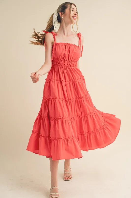 Wool Dresses for Warmth -Red Tiered Tie Strap Midi Dress