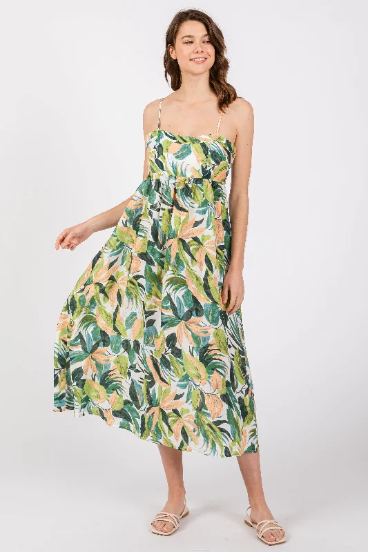 Cocktail Dresses for Party Time -Green Leaf Print Open Back Midi Dress