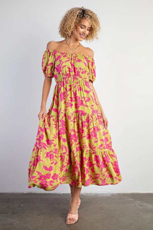 Midi Dresses for Versatile Wear -Lime Floral Off Shoulder Puff Sleeve Midi Dress