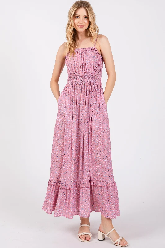 Animal Print Dresses for Fun -Pink Floral Ruffle Square Neck Smocked Waist Maxi Dress