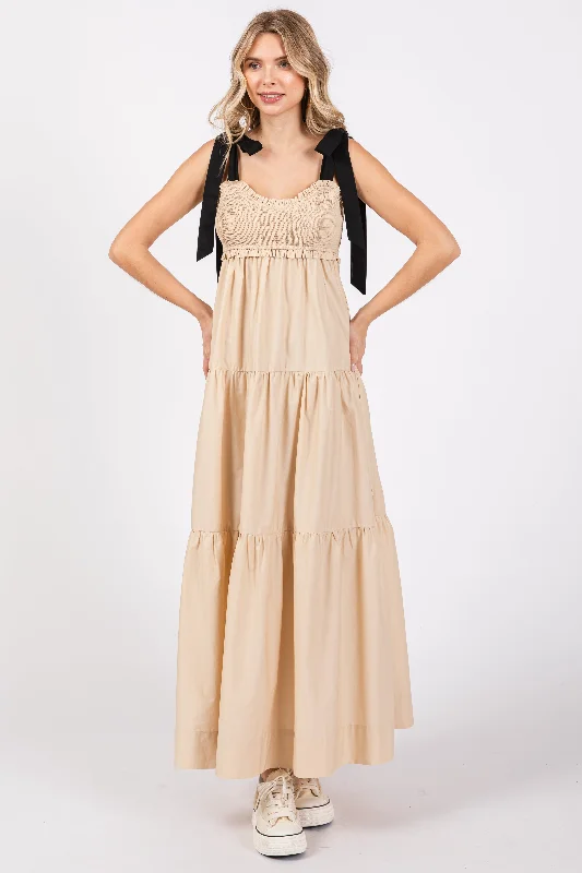 Low-waisted Dresses for Relaxed -Taupe Contrast Shoulder Straps Maxi Dress