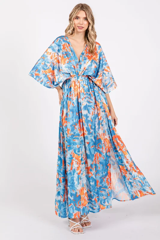 Satin Dresses for Shiny Look -Blue Floral Satin V-Neck Maxi Dress