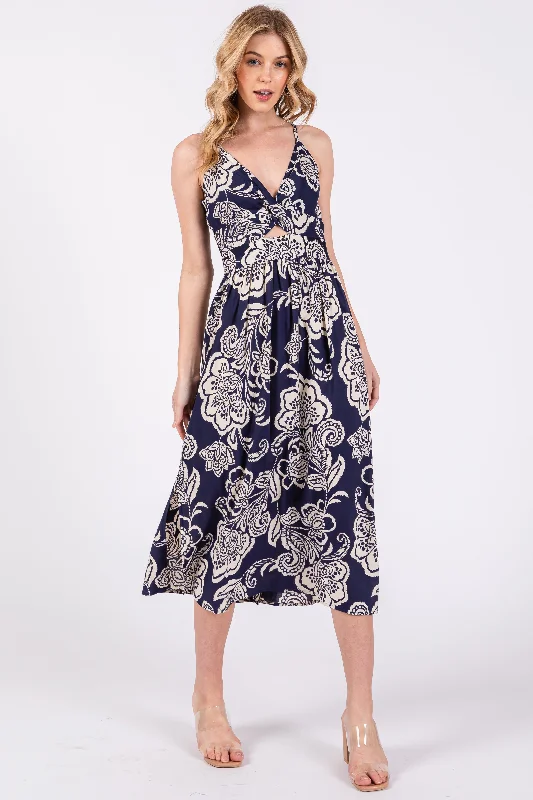 Silk Dresses for Luxurious -Navy Floral Front Twist Midi Dress