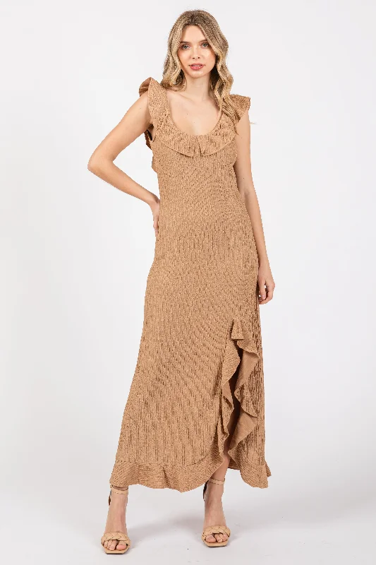 Printed Dresses with Patterns -Mocha Textured Sleeveless Ruffle Slit Maxi Dress