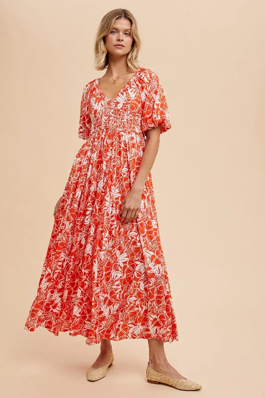 Beaded Dresses for Glamour -Coral Red Resort Print Puff Sleeve Maxi Dress