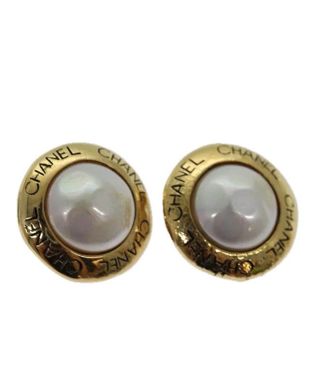 Drop Earrings for Birthday Celebration -Pearl CC Logo Gold Metal Earrings