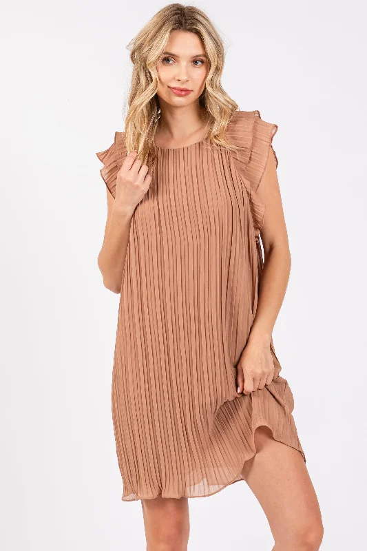 Cocktail Dresses for Party Time -Mocha Flutter Sleeve Pleated Chiffon Mini Dress