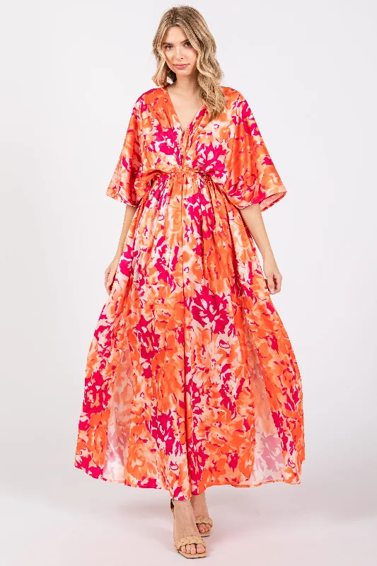 Tie-up Dresses for Decorative -Orange Floral Satin V-Neck Maxi Dress