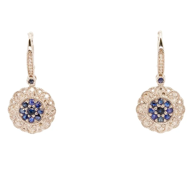 African Drop Earrings with Culture -14K White Gold Blue Sapphire And Diamond Flower Drop Earrings