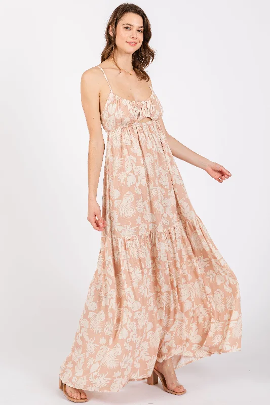 Wool Dresses for Warmth -Light Pink Foral Front Cutout Open Cross Back Maxi Dress