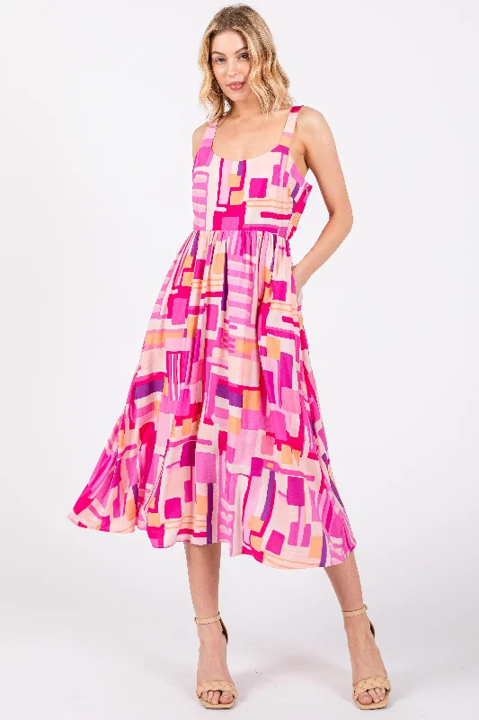 Floral Dresses for Romantic -Fuchsia Geo Printed Cut Out Back Detail Midi Dress