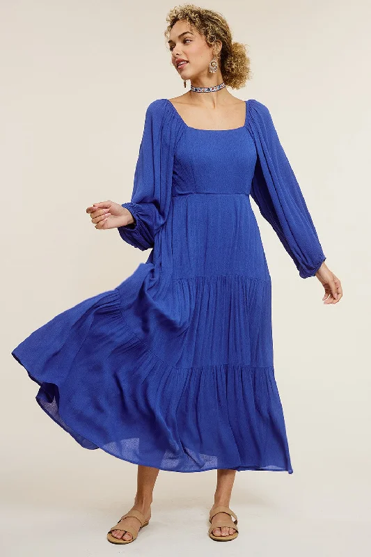 Tie-up Dresses for Decorative -Royal Blue Tiered Midi Dress