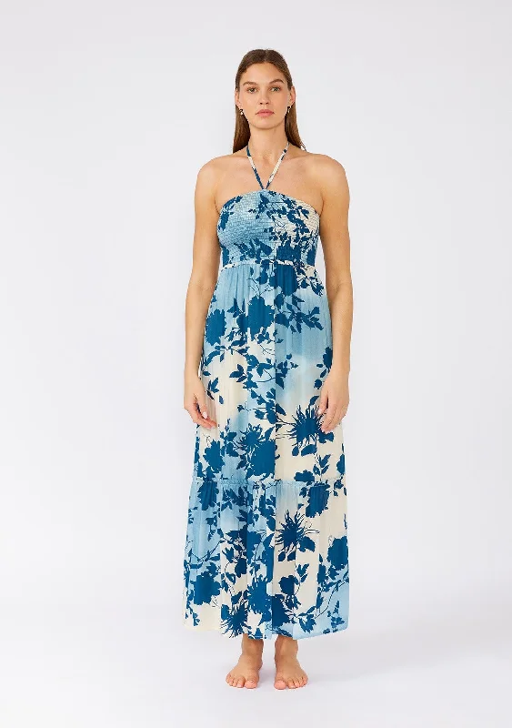 Linen Dresses for Breathable -Blue Floral Smocked Halter Maxi Dress