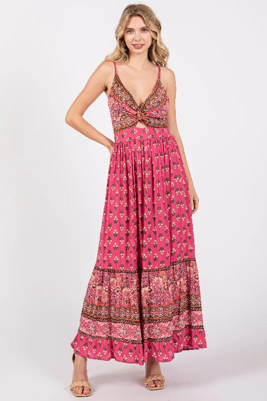 Ethnic Dresses with Tribal Design -Fuchsia Floral Cutout Maxi Dress