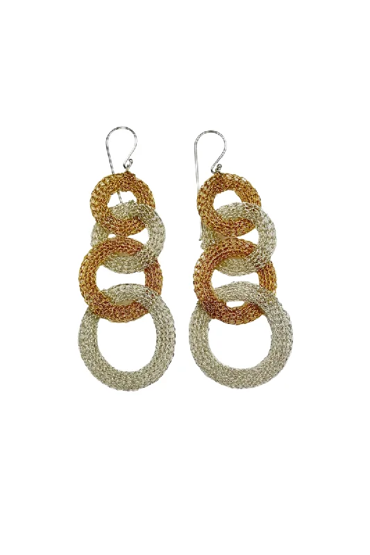 Push Back Drop Earrings for Convenience -Woven Mesh Silver & Gold Ringlet Drop Earrings