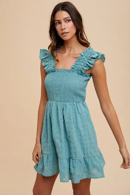 Solid Color Dresses for Simple -Dark Mint Textured Frill Detail Smocked Bodice Mini Dress