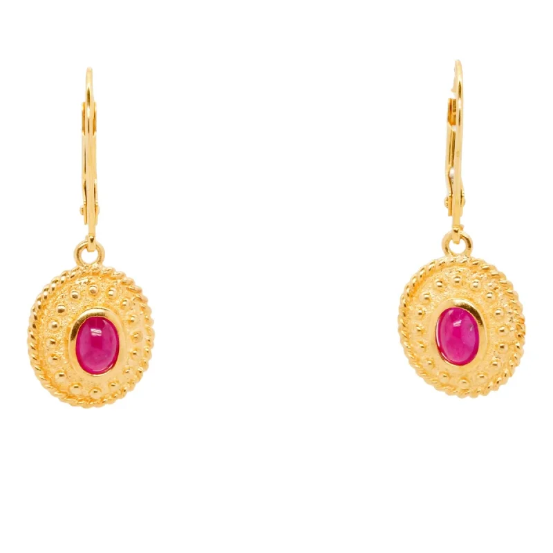 Bohemian Drop Earrings with Tassels -14K Gold Ruby Cabochon Dangle Earrings