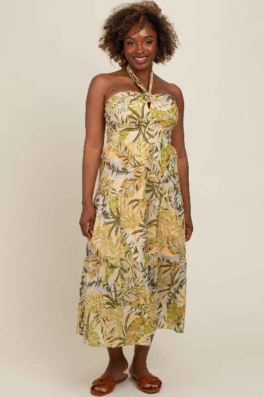 Sundress Dresses for Sunny -Light Yellow Tropical Halter Maxi Dress