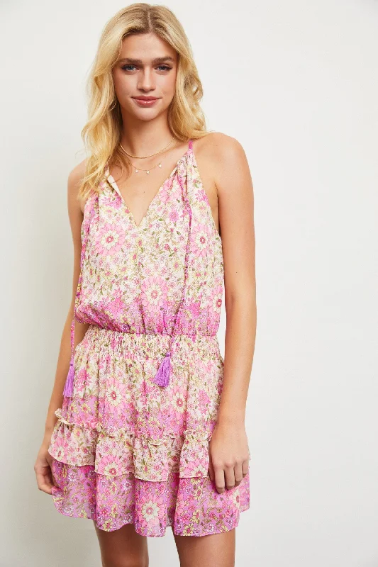 Low-waisted Dresses for Relaxed -Cream Flower Print Ruffled Romper Dress