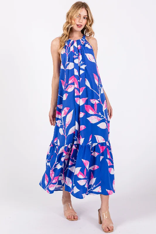 Halter Dresses for Chic Style -Blue Halter Leaf Print Midi Dress