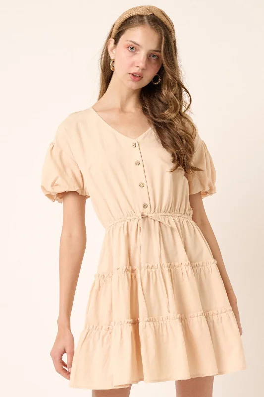 Green Dresses for Nature -Beige Puff Sleeve Detail Mini Dress