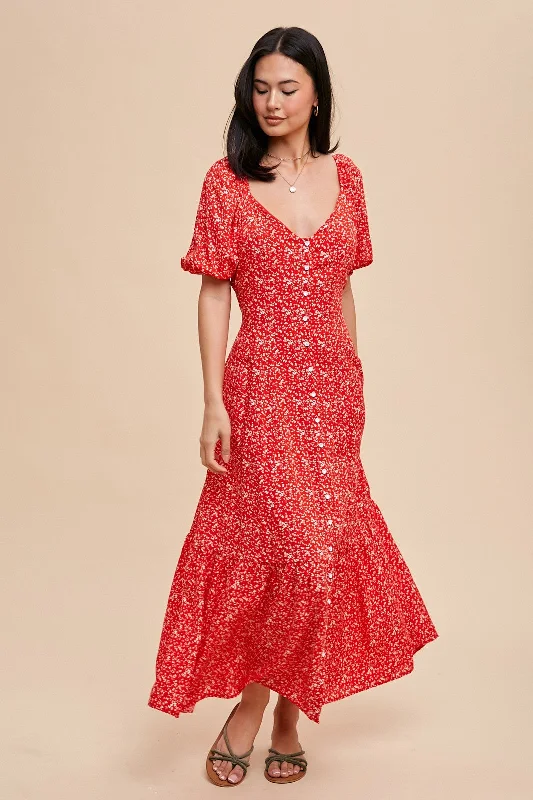 Shift Dresses for Simple Look -Cherry Red Floral Sweetheart Button Down Dress